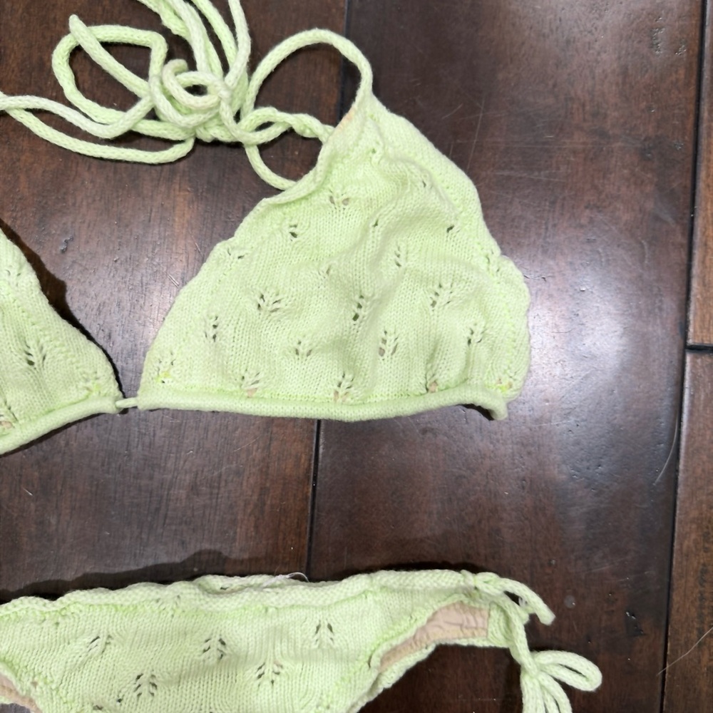 Light Green Knit Triangle Bikini Top and Tie-Side Bottoms - Picture 4 of 8